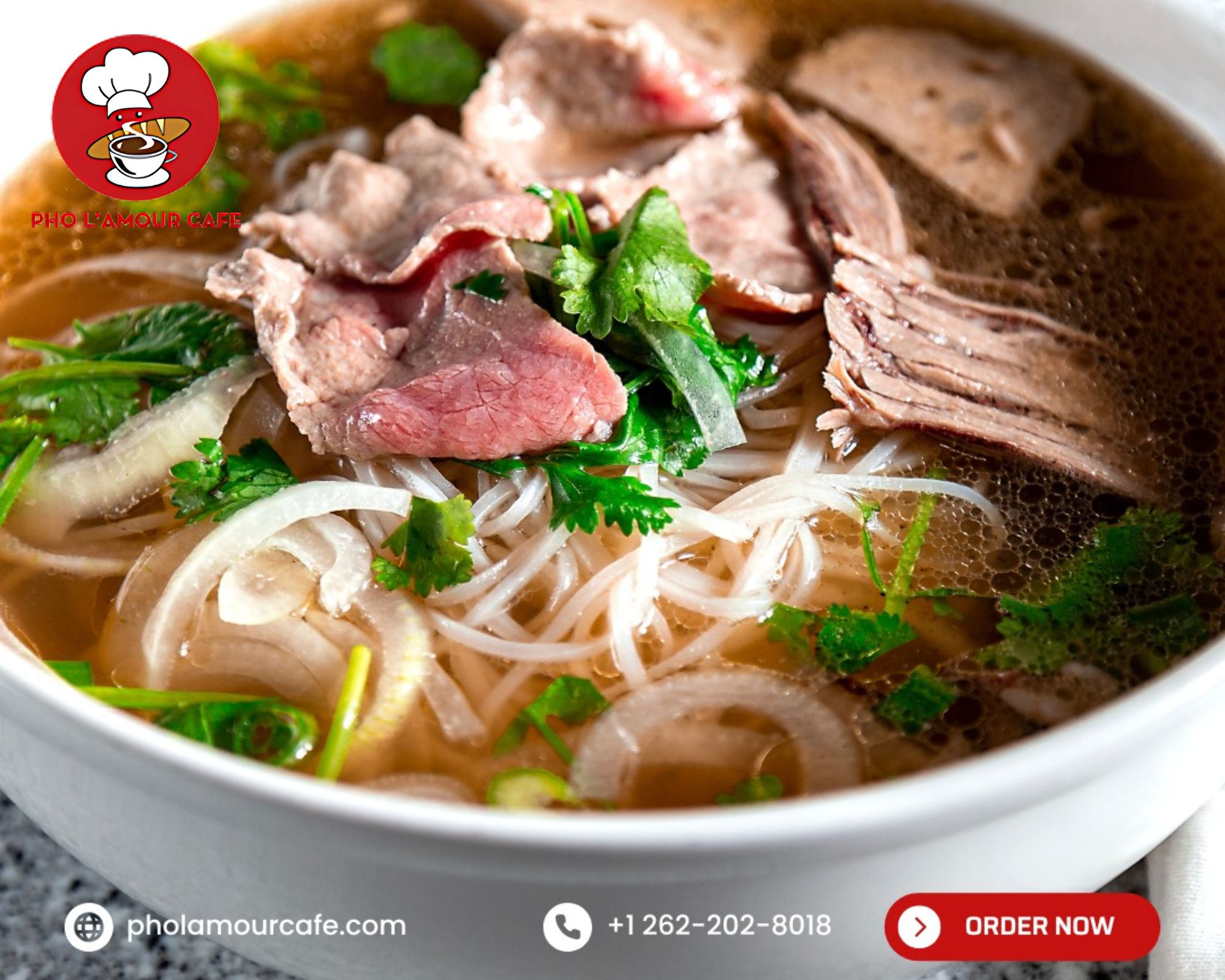 A steaming bowl of Pho Well-done Brisket at Pho L’Amour Cafe with tender beef slices and aromatic broth