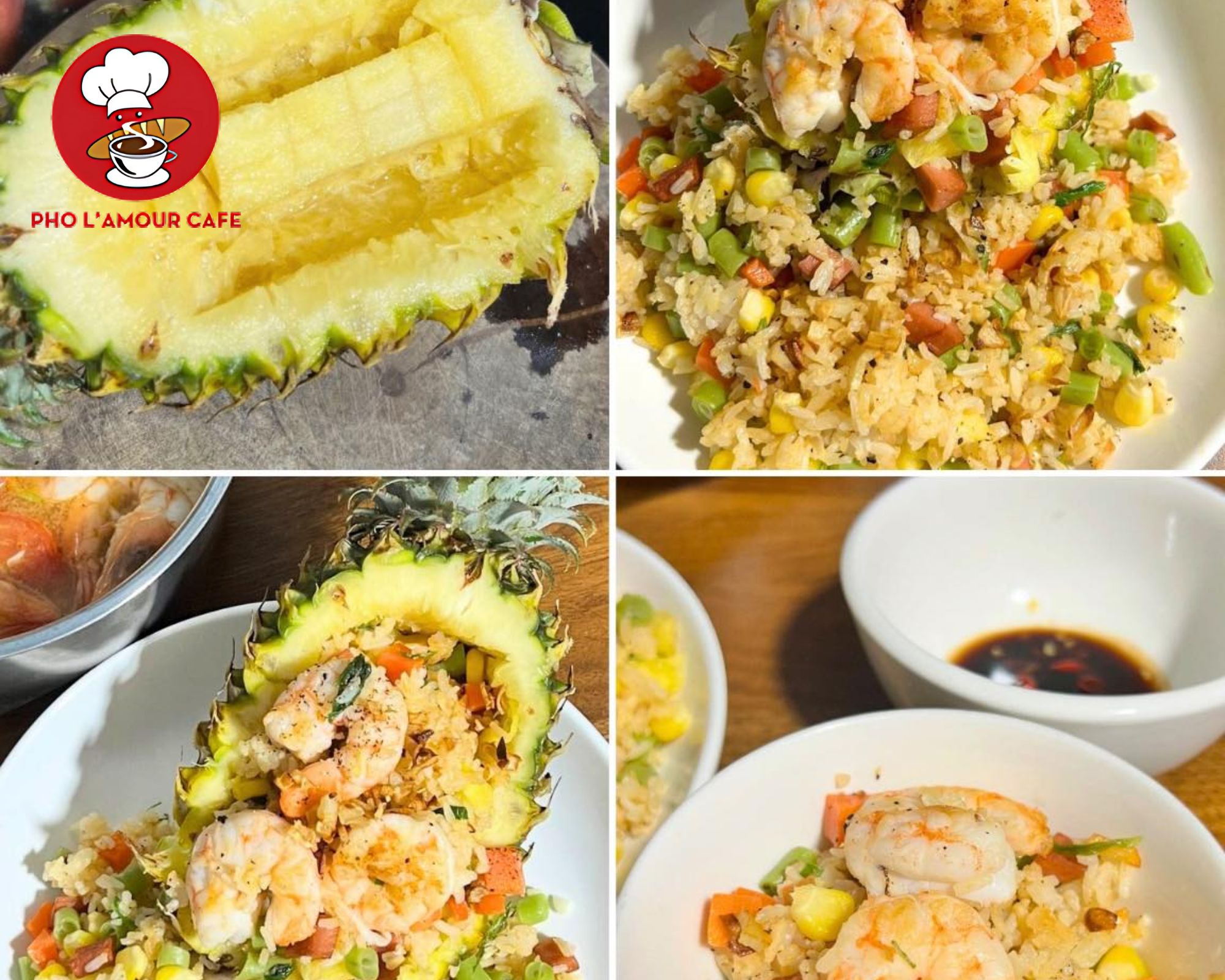 Delicious Thai-style pineapple fried rice served inside a hollowed-out pineapple shell with fresh shrimp
