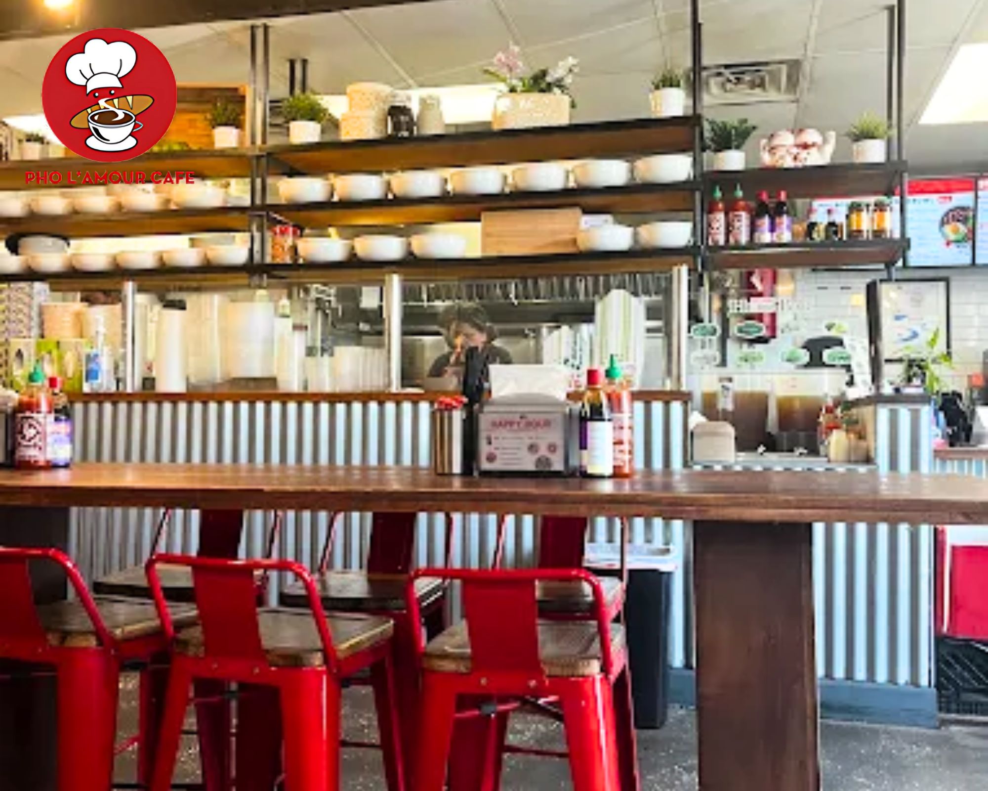 Modern dining area at Viet Nomz Winter Park, where guests can customize their Pho Well-done Brisket with fresh toppings