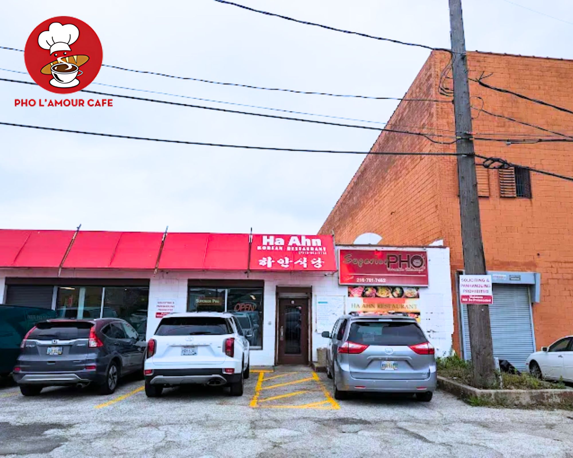 Storefront of Superior Pho, featuring a dedicated parking area for guests visiting to enjoy Pho Well-done Brisket